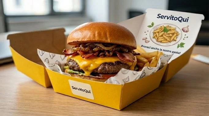 Hamburger in confezione gialla ServitoQui con flyer promozionale per la pasta del giorno