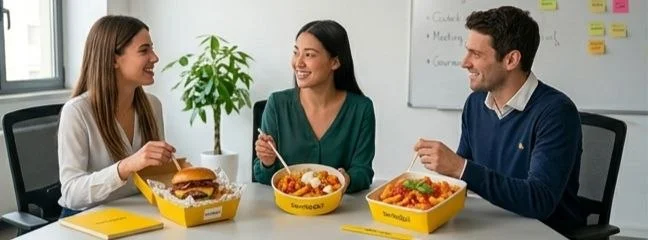 Colleghi in sala riunioni che consumano pranzo ServitoQui durante una riunione di lavoro