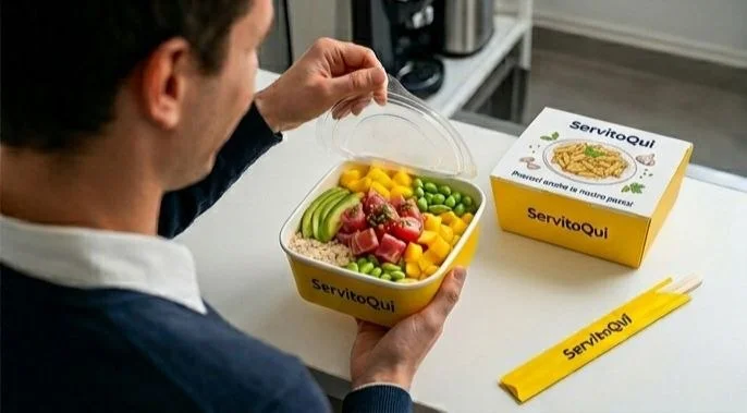 Uomo che apre una poke bowl ServitoQui: scatola gialla aperta con bacchette brandizzate visibili