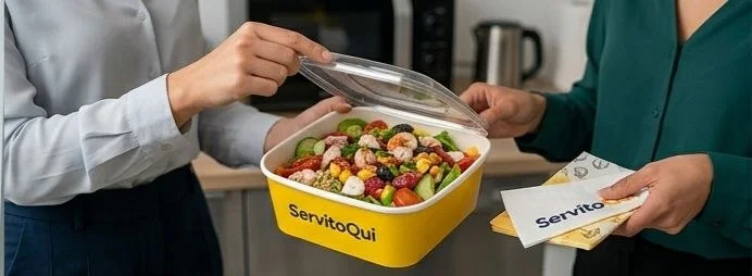 Consegna mano a mano di un'insalatona ServitoQui: due persone si passano il contenitore giallo con il pranzo