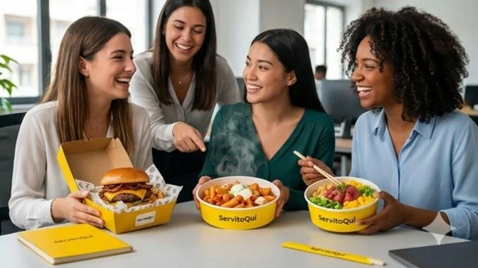 Colleghe in ufficio che pranzano insieme con i box ServitoQui: poke, burger e bowl condivisi al tavolo